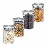 Relaxdays Set da 4 Barattoli per Alimenti, Recipienti in Vetro con Coperchio Acciaio Inox, 750 ml, Trasparente Argentato, 60% 30% 10% Silicone