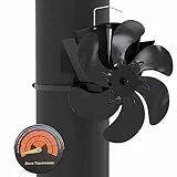 VOUNOT Ventola Stufa Legna, Ventilatore per Camino a 6 Pale Alimentato a Caldo per Legna/Bruciatore di Tronchi/Stufa/Caminetto, con Termometro, Nero