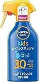 NIVEA SUN Maxi Crema Solare Spray Solare Kids Protect & Care FP 30 270 ml, Crema solare bambini resistente all'acqua, Crema solare 30 per pelli delicate in pratico flacone in spray