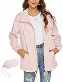 Rapbin Impermeabile da donna, impermeabile, leggero, giacca a vento ripiegabile con cappuccio, giacca antipioggia per attività all'aperto, Giacca antipioggia rosa, S