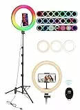 Railee Ring Light Luce per Selfie 10' Luce ad Anello LED con Treppiede 26 Modalità RGB 3 Effetti Di Luce 8 Brillo Altezza Totale 180cm per Video Fotografia TikTok YouTube Trucco
