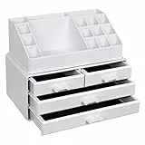 SONGMICS Organizzatore per Cosmetici, Porta Trucchi con 4 Cassetti e 16 Scomparti di Diverse Dimensioni, Tappetini Antiscivolo, per Accessori Make Up e Gioielli, Bianco JKA0010TP