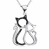 Collana d’argento sterling 925, da donna, con ciondolo a forma di due gatti, ornato con zirconi. 45 cm