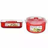 Sistema 1114 Microwave Contenitore, Polipropilene, Rettangolare, 1.25 lt, Rosso, 1.25L & Round Microwave Contenitore per Alimenti Rotondo/terrina da microonde, 915 ml