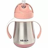 BÉABA - Biberon/Tazza di Apprendimento 2 in 1, Tazza con cannuccia per Bambini, 100% a Tenuta, Salvagoccia, Facile da aprire, Manici Removibili, Inox, 250 ml, Rosa antico