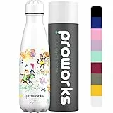 Proworks Bottiglia Acqua in Acciaio Inox, Vuoto Isolato Borraccia Termica in Metallo, Bevande Calde per 12 Ore & Fredde 24 Ore, Borraccia per Sport e Palestra 1 Litro - Tutto Bianco - Animali Danzanti