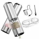 CIRCLE JOY Set Macina Sale e Pepe Elettrici Ricaricabili Macinaspezie in Acciaio Inossidabile con Base, Contenitore Trasparente Lavabile da 95 ML, Luce LED Bianca e Grossolanità Regolabile, Argento