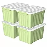 Cetomo Scatola portaoggetti in plastica 35L* 4, verde, contenitore organizzativo con coperchio durevole e fibbie di chiusura sicure, impilabile e annidabile, confezione da 4, con fibbia