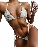 JFAN Bikini di Perle Costume da Bagno Bikini Donna Mare Fascia Brasiliano Sexy Triangolo Halterneck Costume da Bagno da Donna in Pizzo， Bianco-M