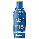 NIVEA SUN Latte Solare Protect & Hydrate FP 15 200 ml, Crema solare 15 che idrata per 48h, Protezione solare 15 resistente all'acqua con vitamina E antiossidante