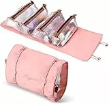 Beauty case donna. Beauty case da viaggio pieghevole con 4 porta trucchi organizer staccabili. Beauty case da viaggio donna per dentifricio spazzolino skincare profumo. Viaggio accessori utili.Rosa