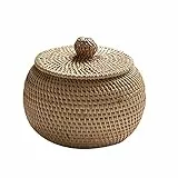 TGUS - Cesto per frutta in rattan naturale rotondo, in tessuto naturale leggero intrecciato a mano, con coperchio rotondo, contenitore per frutta e verdura (dimensioni: 15 x 12 cm)