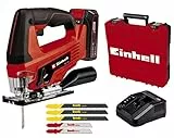 Einhell Seghetto alternativo a batteria TC-JS 18 Li (1x2,5 Ah) Power X-Change (ioni di litio, 18 V, movimento pendolare, attacco di aspirazione, batteria 1x 2,5 Ah, caricabatteria e valigetta)
