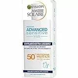 Garnier Ambre Solaire UV Fluido Viso Extra Leggero Advanced Sensitive, SPF 50+, Protezione Molto Alta, Arricchito con Acido Ialuronico, 50 ml