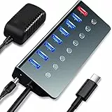 LOBKIN HUB USB C Alimentato a 8 porte, 7 Porte USB 3.0 e 1 Porte Carica Rapida 5V 2.4A con singoli interruttori di alimentazione a LED e Adattatore per laptop, PC, MacBook e altri dispositivi USB