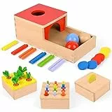 Comius Sharp Giocattoli in Legno, 4 in 1 Giocattoli Montessori, Giocattoli per la Motricità, Tema per Scatola Delle Monete, Raccolta Delle Carote, Bastoncini per L'abbinamento dei Colori