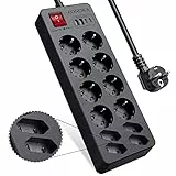 Ciabatta Multipresa USB 12 Posti Elettrica Presa Protezione Sovratensione con Interruttori,Caricatore Multiplo 2 USB-C e 2 USB-A Universali Tedesca Spina Schuko 1,5M,Nero