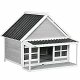 PawHut Cuccia per Cani da Esterno in Legno e Tetto in PVC, Casetta per Cani Taglia Media con Portico e Finestre, Grigio Chiaro