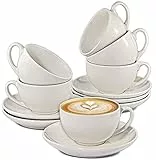 Cosumy 6 tazze da cappuccino in ceramica bianca, con piattini, 180 ml, con confezione regalo, lavabili in lavastoviglie