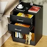 Lvhcmfohm Comodini Opaco con Stazione di Ricarica, Comodino Nero con Led e USB, Comodini con 2 Cassetti e Barra Luminosa a 16 Colori (40x35x60cm)