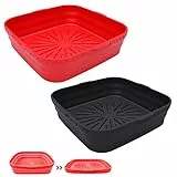 2 Pezzo Teglia in Quadrata Silicone per Friggitrice ad Aria, Pieghevole, Reusable Silicone Pot, Accessori per Friggitrice ad Aria, per Friggitrice ad Aria, Microonde, Forno (Rosso + Nero)