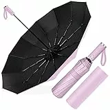 Ombrello Pieghevole Automatico, Ombrello Antivento Portatile, Ombrello Grande da Pioggia 12 Stecche Rinforzate per Uomo Donna, Diametro 105cm (Rosa)
