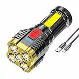 CalmGeek Torcia LED Potente, USB Ricaricabile Torcia, 5 LED Torcia Portatile Luce da Lavoro con Lumen Alto con Luce Laterale, 4 Modalità di Luce, Campeggio Escursionismo Avventura Casa Emergenze(Oro)