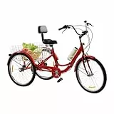 awolsrgiop Triciclo per adulti 24 pollici, pieghevole, 3 ruote, 7 marce, per adulti, triciciclo, bicicletta da crociera con luce a LED, porta bicchiere (rosso)