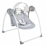 Relax&Play Altalena Elettrica Neonato da 0 Mesi a 9 Kg, Sdraietta Regolabile e Dondolo Automatico in 5 Velocità,Barra Giochi con 12 Melodie, 2 Peluches Rimovibili, Chiusura Compatta, Grigio Ghiaccio