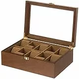 BAKAJI Scatola Porta Orologi con 10 Scomparti in Legno, Custodia Portaorologi con Coperchio Vetro Trasparente, Rivestimento in Morbido Tessuto Antigraffio e Antiurto, Organizer Elegante 9 x 29 x 20 cm
