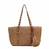FAIRYSAN Moda una spalla borsa di paglia corda di carta nappa uncinetto mano maglia borsa moda spiaggia donna, Marrone, Taglia unica