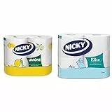 Nicky Limone Carta Cucina - 2 Rotoli da 100 Fogli Assorbenti a 2 Veli, Spessa e Resistente & Elite - 4 Rotoli di Carta Igienica, 170 Soffici Fogli a 3 Veli