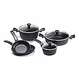 Moneta Etnea Batteria Professional Set da 8 Pezzi, 2 Padelle da 20 e 26 cm, Pentolino 1 Manico 16 cm, Pentola Grande 24 cm 2 Manici, Tegame 28 cm, Coperchi da 16, 24 e 28 cm, Bordo Inox