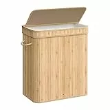 SONGMICS Cesto Portabiancheria con Coperchio, Cesta per Biancheria Sporca in Bambù con Maniglie, Sacco Rimovibile e Lavabile in Lavatrice, Lavanderia Camera da Letto Soggiorno, Naturale LCB063N01