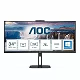 AOC CU34V5CW - Monitor curvo WQHD da 34 pollici, webcam da 2 MP, altoparlante, altezza regolabile (3440 x 1440, 100 Hz, HDMI, DisplayPort, USB-C, hub USB) Nero