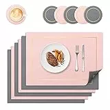 RIWNNI Tovagliette in Pelle PU, Set di 6 Tovagliette e 6 Sottobicchieri, Impermeabili Resistenti al Calore Tovagliette Lavabili, Doppia Faccia Rettangolari Tovaglietta da Tavolo, Rosa/Grigio