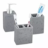 Relaxdays Set da 3 Accessori Bagno, Dispenser Sapone, Portaspazzolini, Bicchiere Dentifricio, Cemento e Acciaio, Grigio, 90% 10% Inox