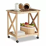 Relaxdays 10021318 Carrello Portavivande da Cucinain Legno, Carrellino su Ruote e con 2 Ripiani, HLP: 63 x 66,5 x 38 cm, Naturale, Beige, 1 pz