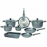 Tognana Phaetra Style, Batteria di pentole e padelle, Set con 3 padelle, 4 casseruole, 4 coperchi trasparenti, 1 lasagnera, 12 Pezzi, Alluminio, Grigio