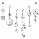 KALVICA 5/6 Pezzi 14G 316L Acciaio Chirurgico Piercing Ombelico per Donne Ragazze Piercing Ombelico Ciondola Argento con Zirconia Cubica Piercing Ombelico Pendente in Cuore Stella Luna