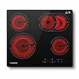 AMZCHEF Piano cottura in vetroceramica, 6600 W elettrico con 4 fuochi, 9 livelli di potenza, doppia zona, zona tostatura, funzione di pausa, controllo touch scorrevole, blocco bambini