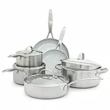 GreenPan Venice Pro Tri-Ply Set di pentole e padelle 10 pezzi in acciaio inox antiaderente sano e ceramico, senza PFAS, multiaderente, a induzione, lavabile in lavastoviglie, adatto al forno, argento