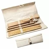 Powersell srls Set Scrittura ECO, Kit di Scrittura Ecologico in Lino, Cartone e Bambù, con Astuccio Arrotolabile, Set Cancelleria: Righello, Matita, Penna, Temperamatite, Gomma, Evidenziatore