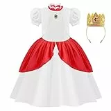New front Vestito Principessa Bambina Cosplay della Principessa Peach Principessa Peach Costume Costume da Principessa per Bambini Corona Estive Feste a Tema Carneval Halloween Bianco 110