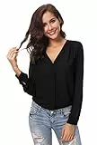 Urban GoCo Donne Camicette Manica Lunga Pieghe Chiffon con Scollo V Colore Puro Camicia Blusa Nero S
