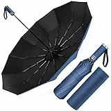 Ombrello Pieghevole Automatico, Ombrello Antivento Portatile, Ombrello Grande da Pioggia 12 Stecche Rinforzate per Uomo Donna, Diametro 105cm (Blu)
