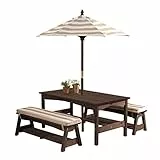 KidKraft Set Tavolo e panchine in Legno per bambini con Cuscini e ombrellone, mobili per giardino e per esterno, Strisce Beige e Bianche, 00500