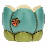 THUN, Cachepot Fiore Azzurro in Ceramica Decorata a Mano con Coccinella, Linea Fiori e Fantasia, 19x18.7x15 cm h