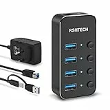 RSHTECH Hub USB 3.0/USB C Alimentato a 4 Porte, Alluminio Hub USB con Alimentazione 10W(5V/2A), cavo Dati Ibrido 2 in 1 (Type A/Type-C) e Interruttore Indipendente USB Hub, RSH-ST04