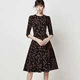 nobrand Elegante Abito Pieghettato A Trapezio Abiti Vintage da Donna con Stampa A Punti DOT Abiti Longuette Autunno Casual O Collo Manica A Tre Quarti Abito L Nero Rosso